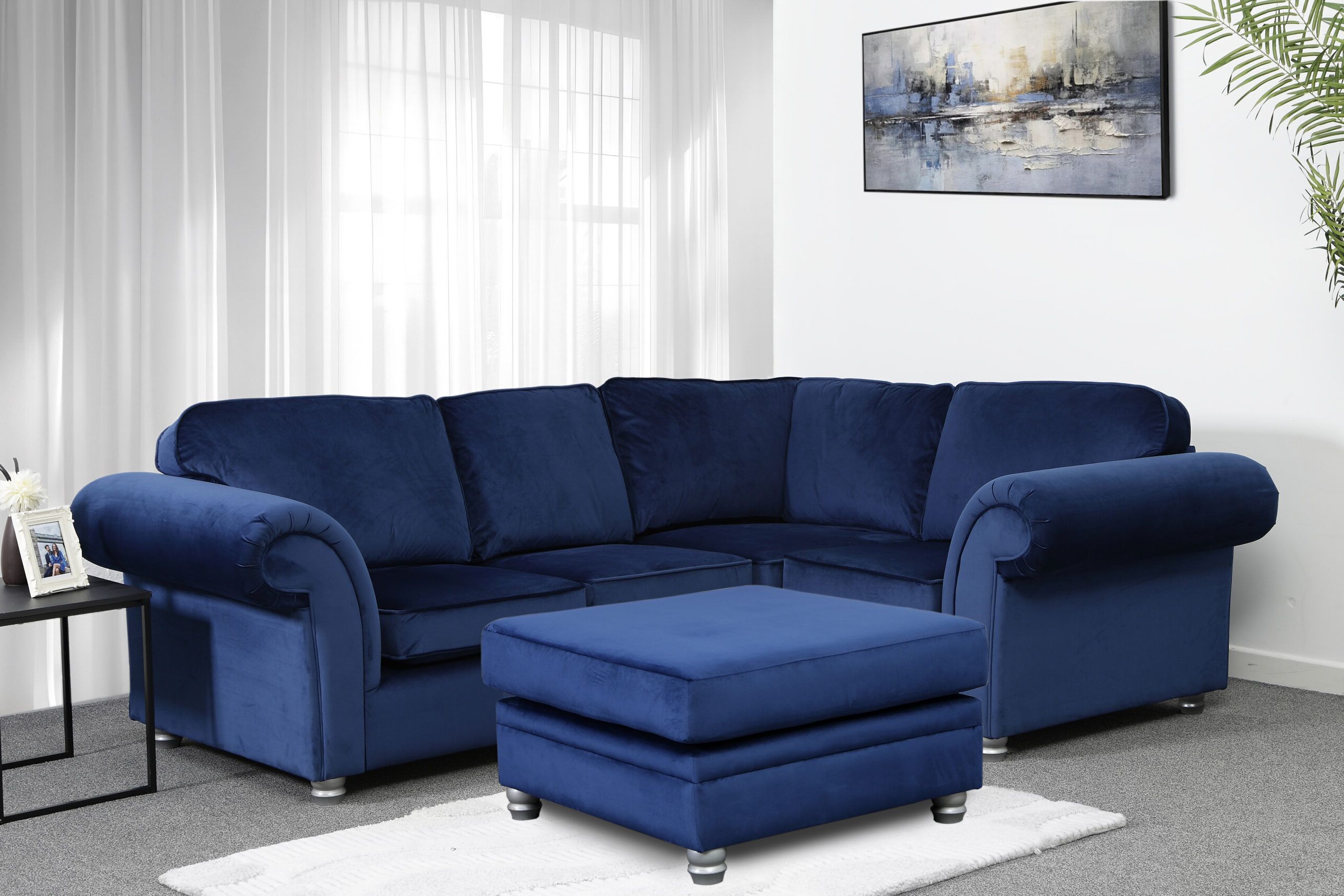 Plush Navy Sofa with Stool
