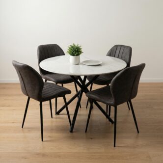 Wisteria Circle Stone White Concrete Dining Table with Starburst Black Legs