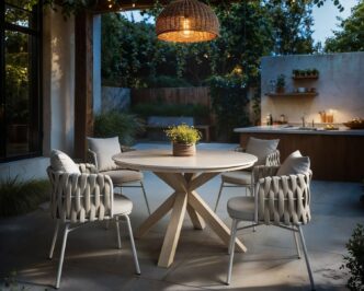 Nevada Round Garden Sintered Stone Dining Table Wood & Louisa Chairs Beige Set of 4