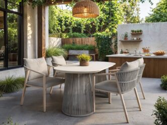 Diamond Oval Garden Dining Table Beige with Lynden Chairs Set of 4 Beige Rattan
